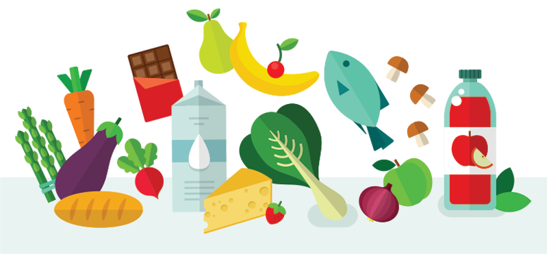 Illustration of a variety of food and beverages
