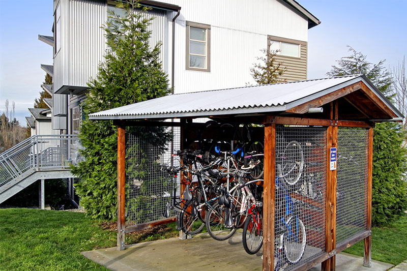 An outdoor bicycle shed.
