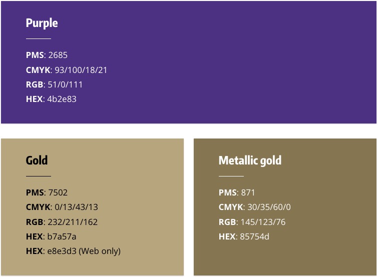 UW Brand primary color palette: purple, gold and metallic gold