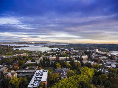 Aerial photo of UW campus and Lake Washington