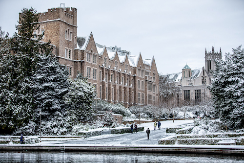 A snowy scene of the UW Campus