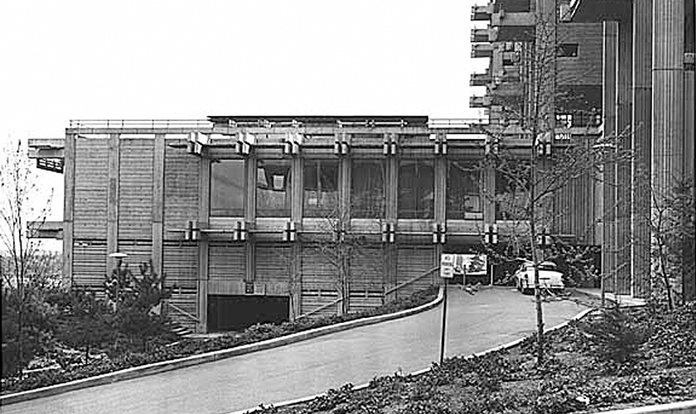 Black and white photograph of McMahon Hall, 1957