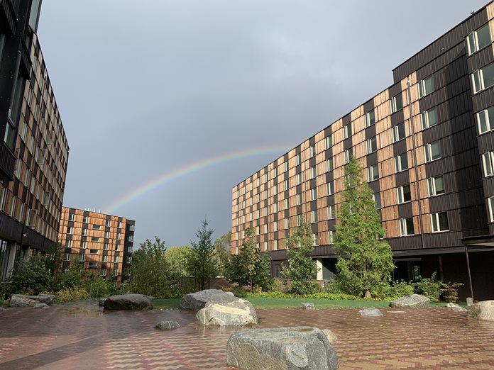 Rainbow over three wood and black buildings and trees