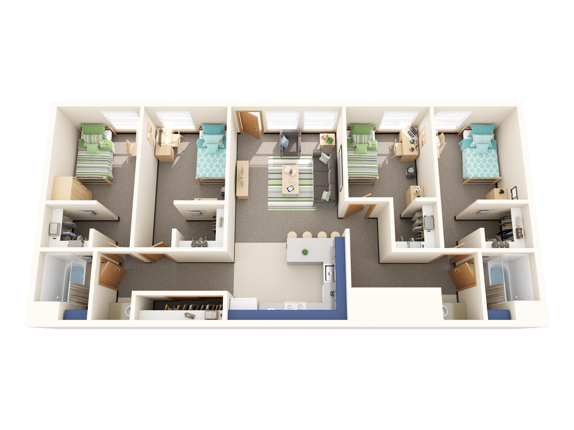 3d rendering of four bedroom layout